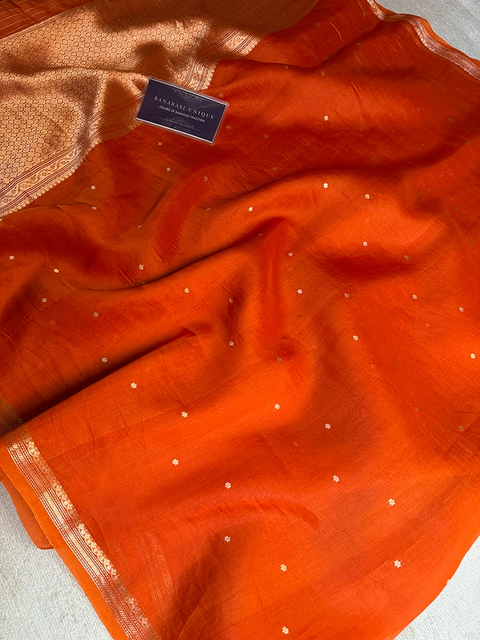 PURE KADHUA ORGANZA SITARA BUTI SAREE - RUST ORANGE