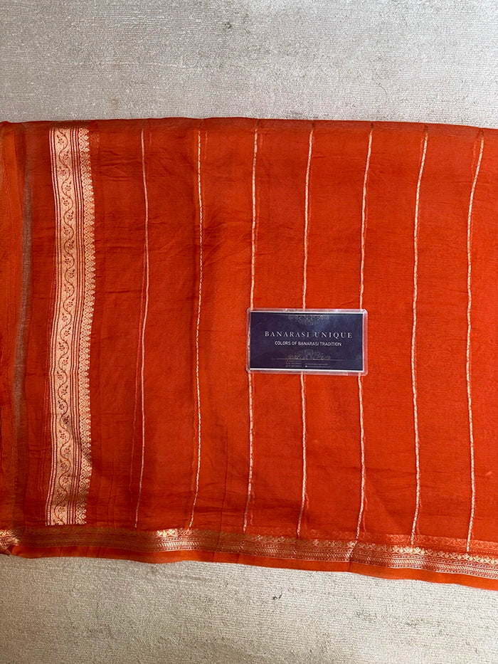 PURE KADHUA ORGANZA SITARA BUTI SAREE - RUST ORANGE