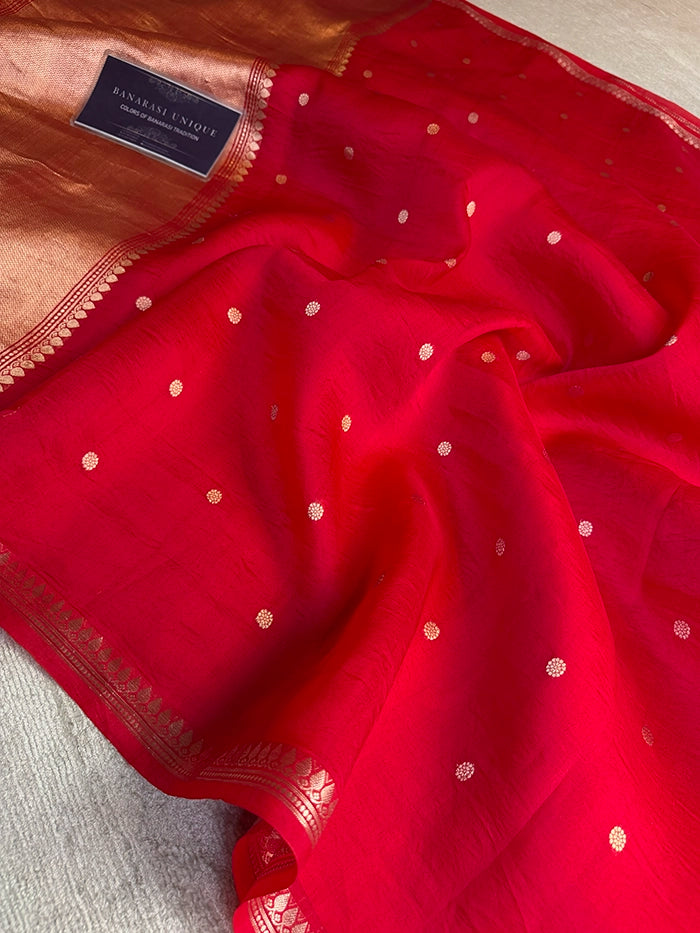 PURE KADHUA ORGANZA SITARA BUTI SAREE - RED