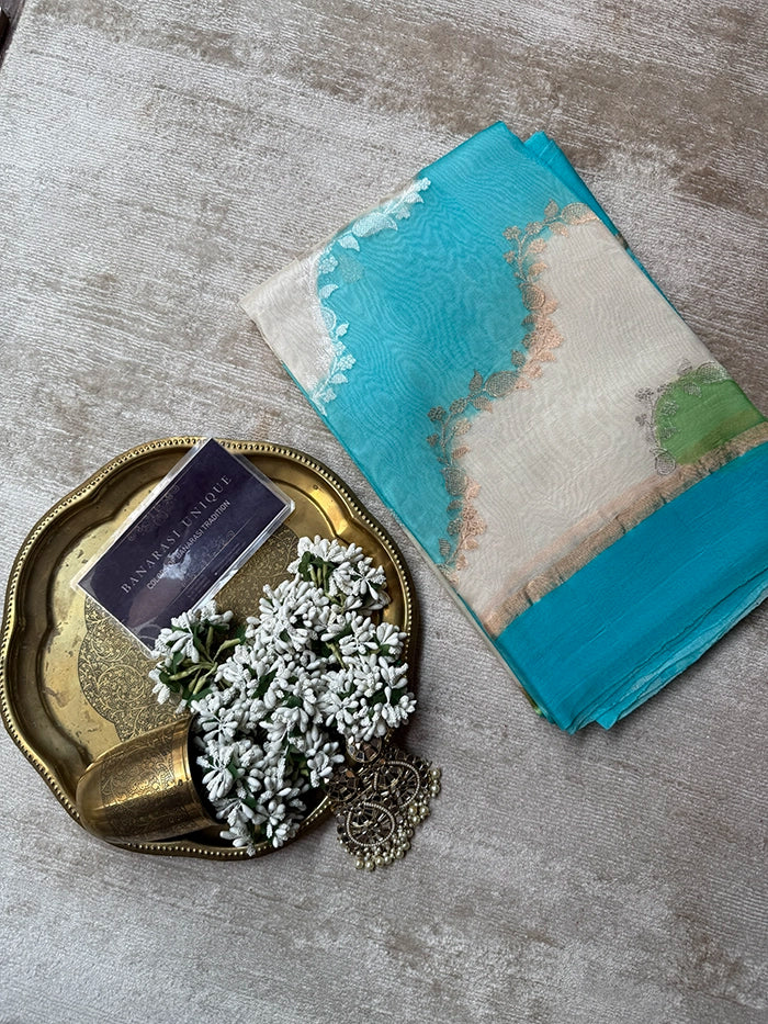 KORA ORGANZA RANGKAAT SAREE - GREEN BLUE WHITE