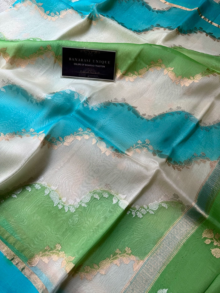 KORA ORGANZA RANGKAAT SAREE - GREEN BLUE WHITE