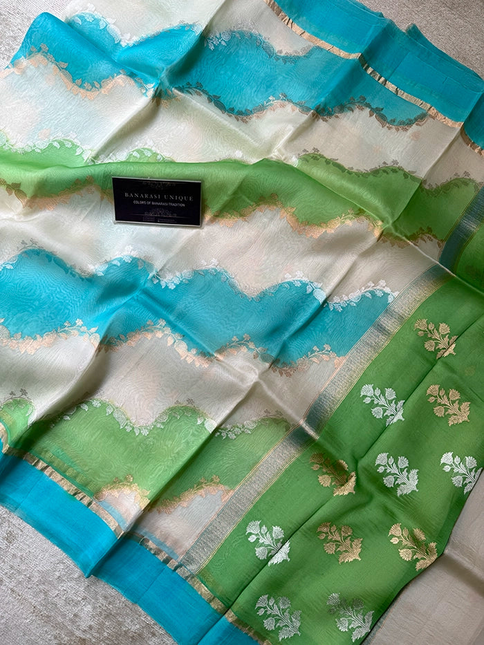 KORA ORGANZA RANGKAAT SAREE - GREEN BLUE WHITE