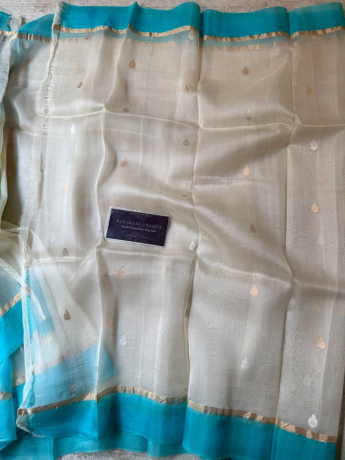 KORA ORGANZA RANGKAAT SAREE - GREEN BLUE WHITE