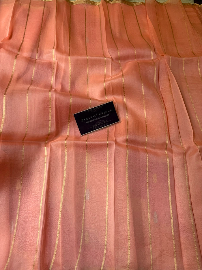 KORA ORGANZA RANGKAAT SAREE - PEACH AND PINK