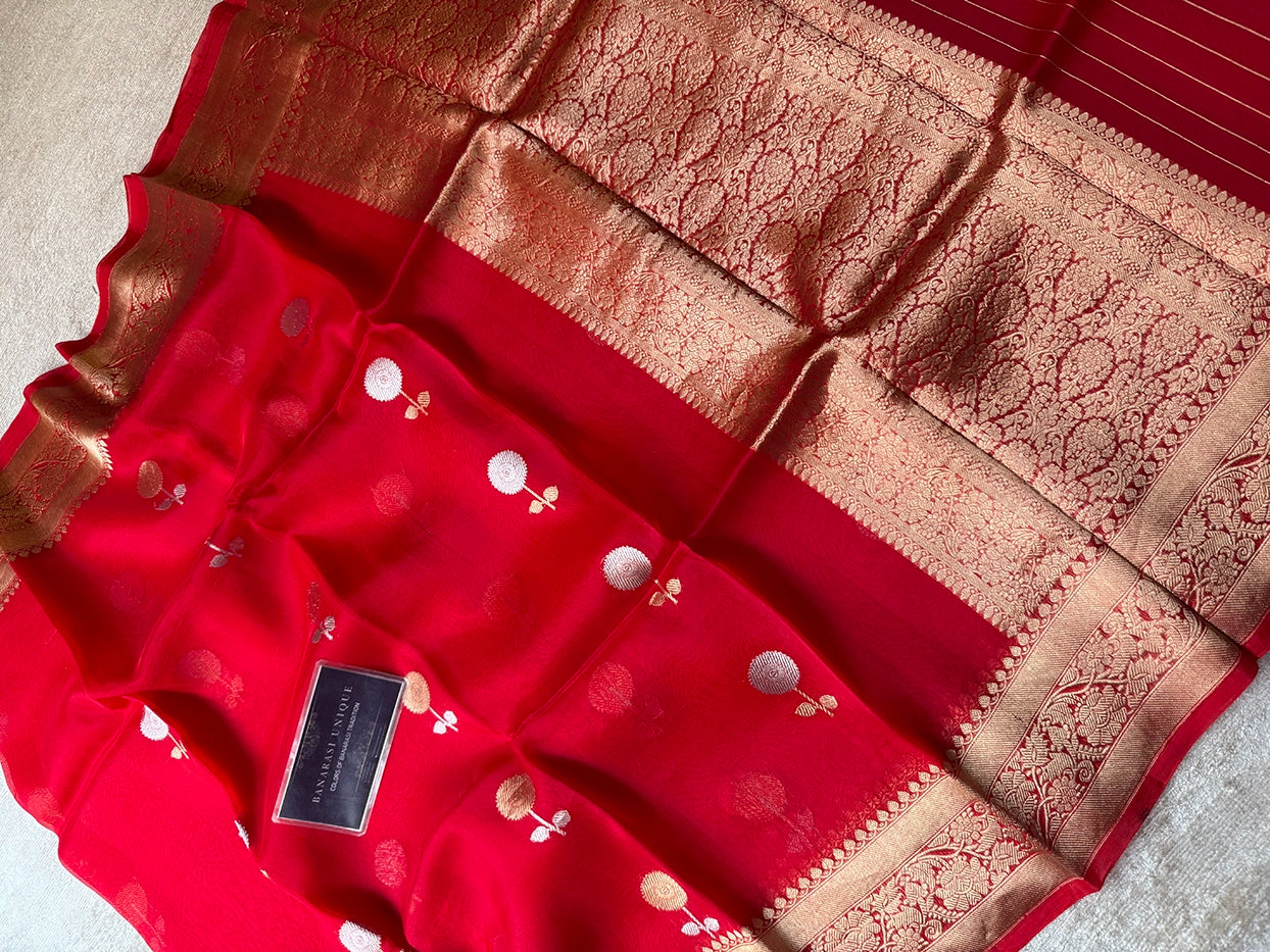 KORA ORGANZA KADHUA FLORAL MOTIF SAREE - RED