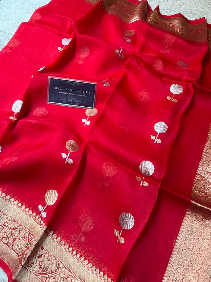 KORA ORGANZA KADHUA FLORAL MOTIF SAREE - RED