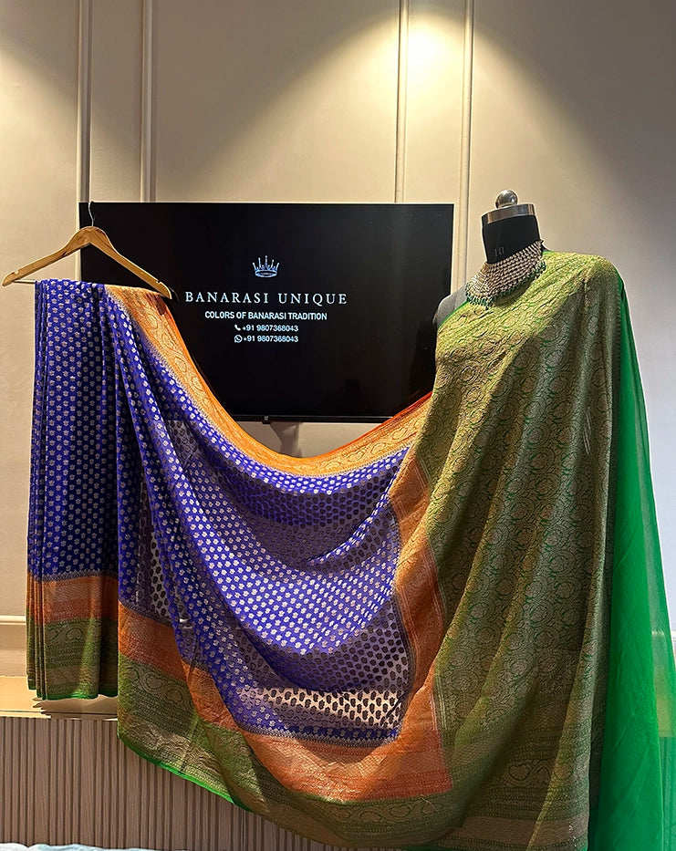 KHADDI GEORGETTE MULTICOLOUR 3D SAREE - BLUE RUST ORANGE AND GREEN SHADE