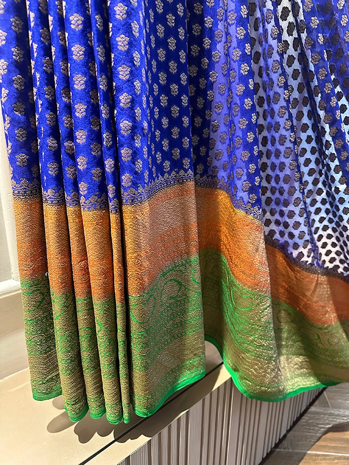 KHADDI GEORGETTE MULTICOLOUR 3D SAREE - BLUE RUST ORANGE AND GREEN SHADE