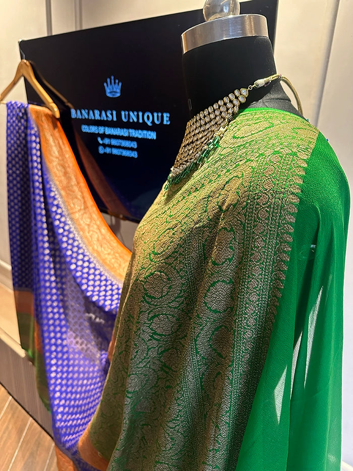 KHADDI GEORGETTE MULTICOLOUR 3D SAREE - BLUE RUST ORANGE AND GREEN SHADE