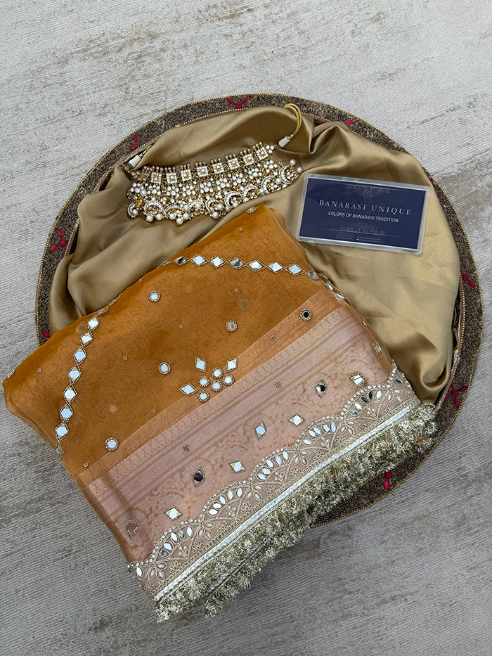 GEOMETRIC MIRROR BUTA and JAAL ALL OVER - MUSTARD YELLOW with GOLDEN UNDERTONE