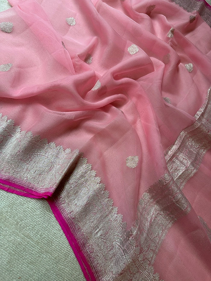 KHADDI CHIFFON SILVER ZARI KADHUWA SAREE - BABY PINK WITH DARK PINK EDGE