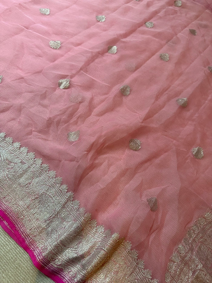 KHADDI CHIFFON SILVER ZARI KADHUWA SAREE - BABY PINK WITH DARK PINK EDGE