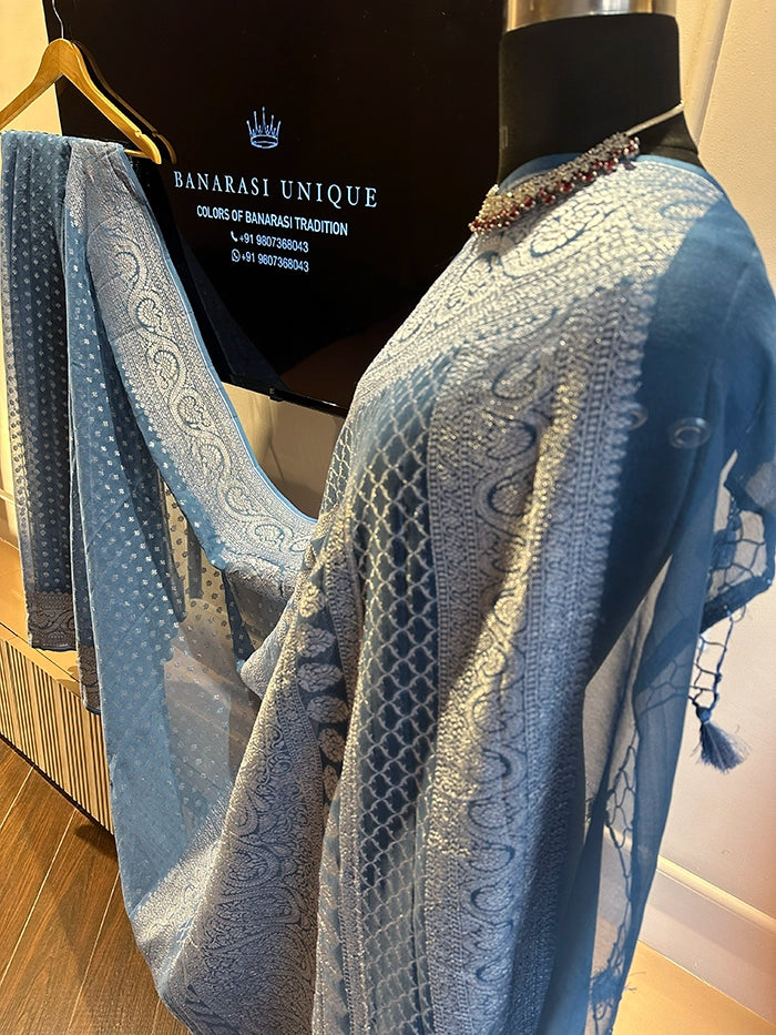 KHADDI GEORGETTE KONIA FOUR-PETAL BUTI SILVER ZARI SAREE - BERMUDA BLUE