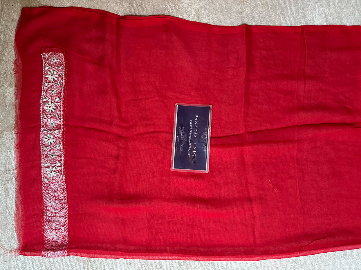 KHADDI CHIFFON PEARL WORK SAREE - RED