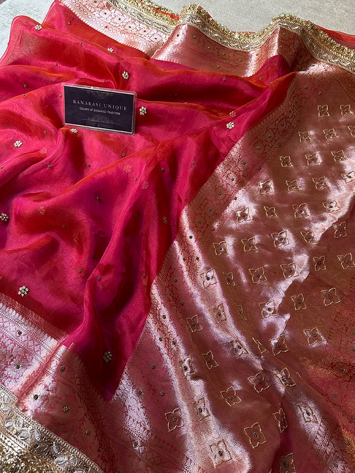 PLAIN FLORAL BUTI SAREE - DHOOP CHAAV - PINK AND ORANGE