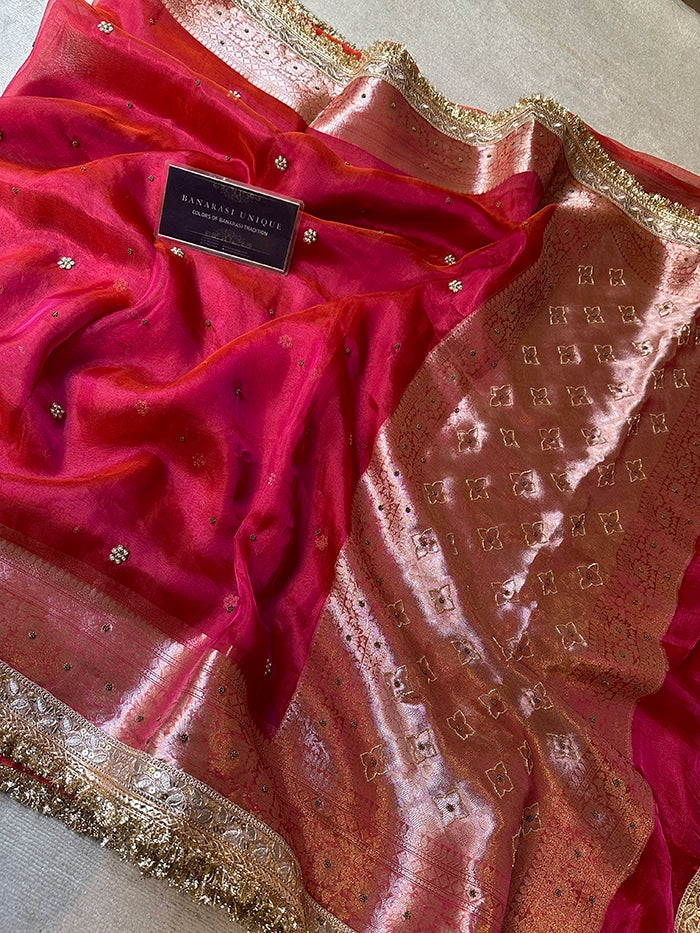 PLAIN FLORAL BUTI SAREE - DHOOP CHAAV - PINK AND ORANGE