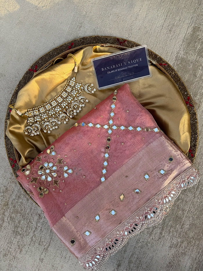 PURE TISSUE SILK MIRROR FLORAL BUTA AND JAAL SAREE - BABY PINK