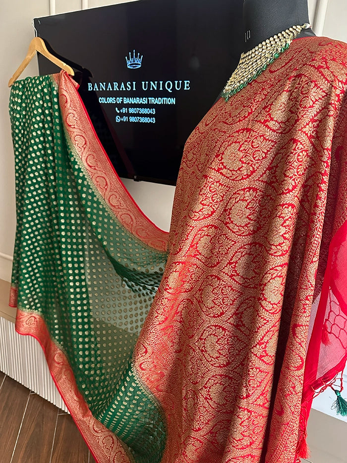 KHADDI GEORGETTE DOLLAR BUTI ANTIQUE ZARI SAREE - BOTTLE GREEN WITH RED