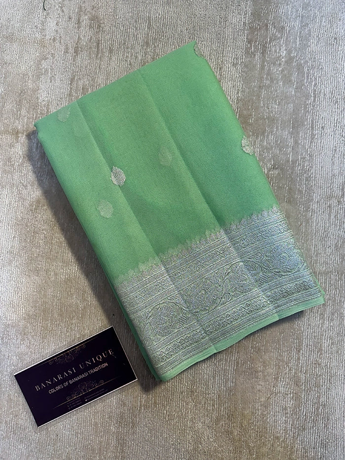 KHADDI CHIFFON SILVER ZARI KADHUWA SAREE - POWDER SEA GREEN