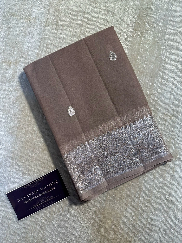 KHADDI CHIFFON SILVER ZARI KADHUWA SAREE - SOFT BROWN