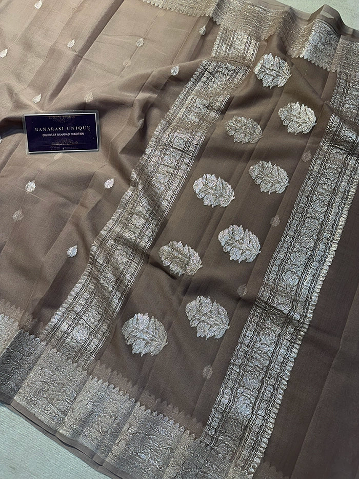 KHADDI CHIFFON SILVER ZARI KADHUWA SAREE - SOFT BROWN