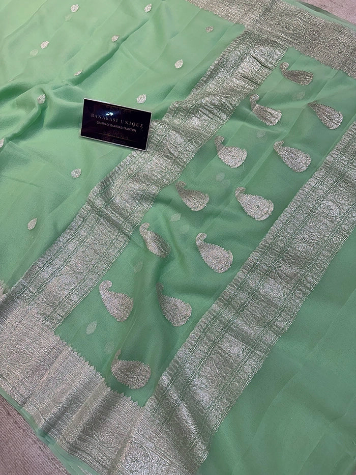 KHADDI CHIFFON SILVER ZARI KADHUWA SAREE - POWDER SEA GREEN