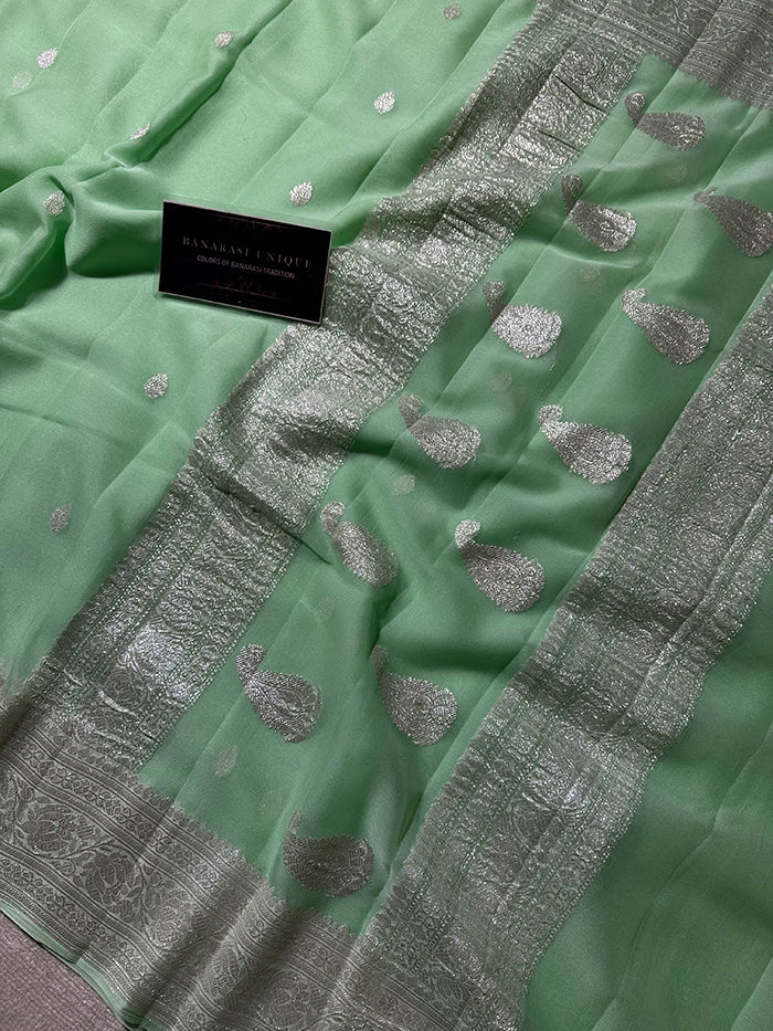 KHADDI CHIFFON SILVER ZARI KADHUWA SAREE - POWDER SEA GREEN