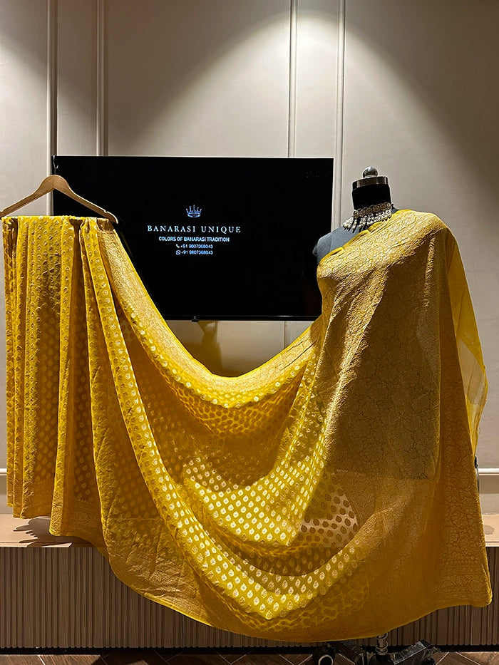KHADDI GEORGETTE DOLLAR BUTI GOLD ZARI SAREE - YELLOW