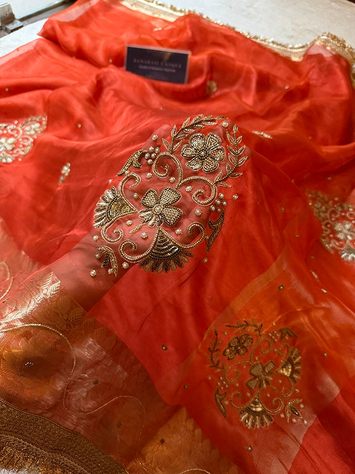 PURE TISSUE SILK VINE BUTA SAREE - ORANGE