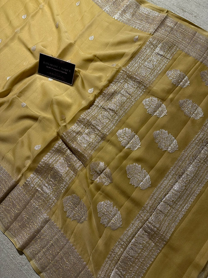 KHADDI CHIFFON SILVER ZARI KADHUWA SAREE - TUSSAR SHADE