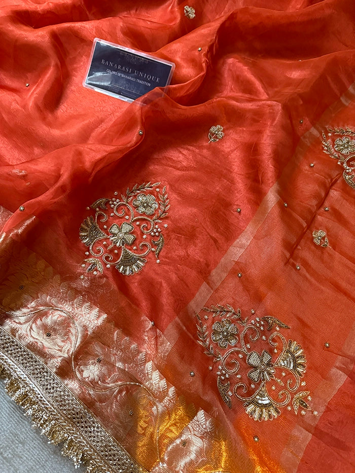 PURE TISSUE SILK VINE BUTA SAREE - ORANGE