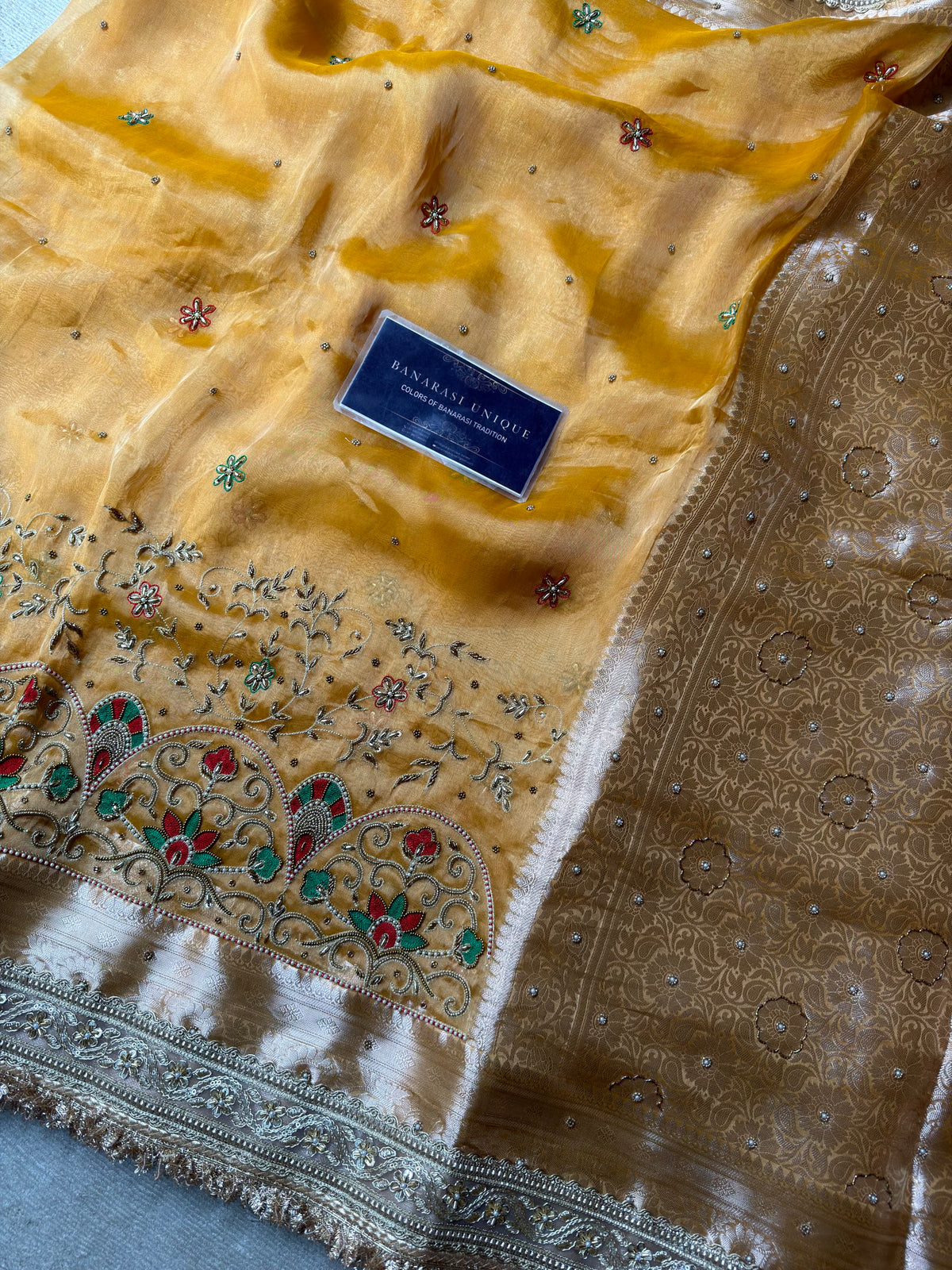 Mustard Pure Tissue Silk Meenakari Hand Embroidered Banarasi Festive Saree