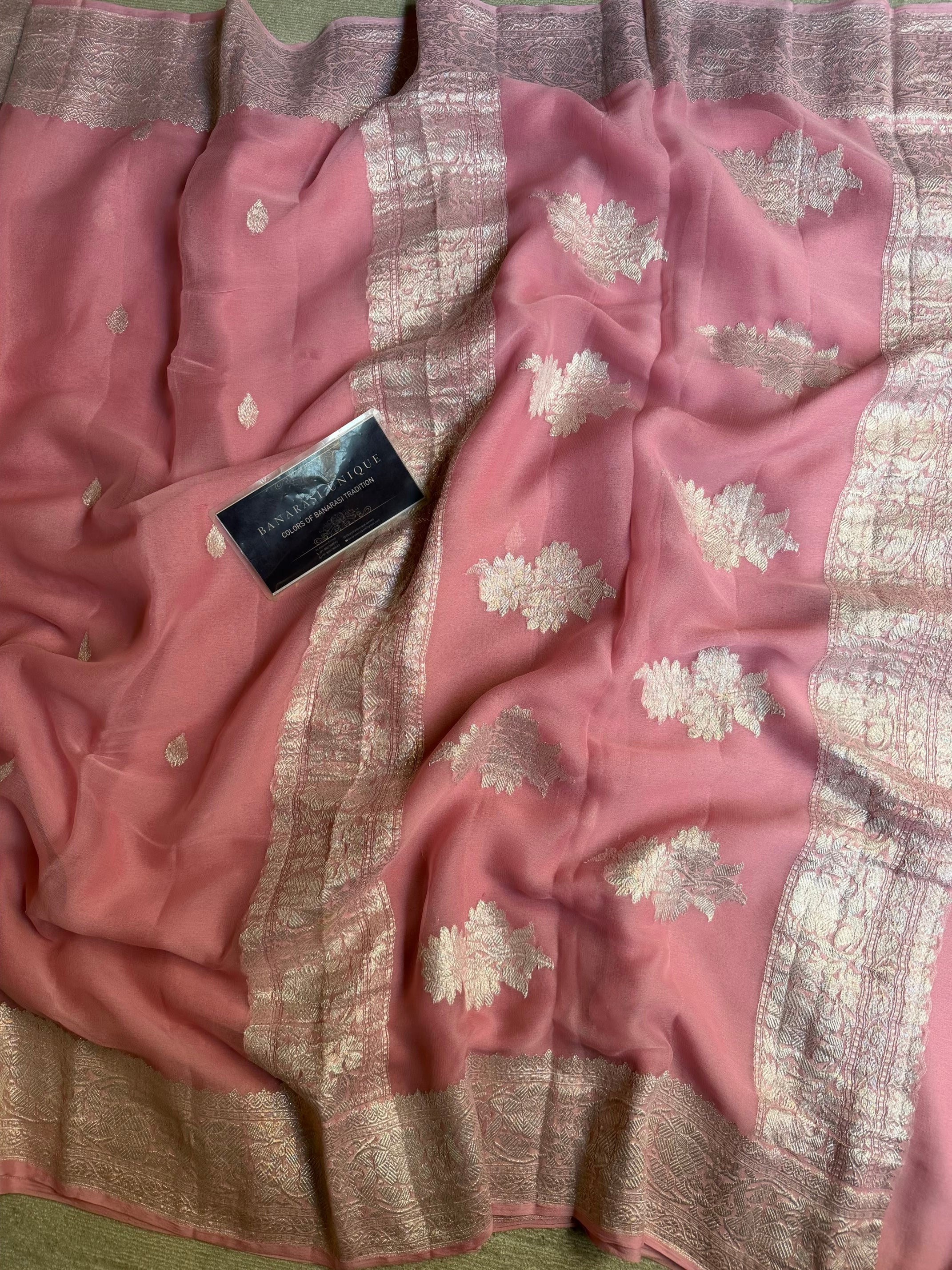 DUSTY PINK  KHADDI CHIFFON SILVER ZARI HANDWOVEN BANARASI SAREE