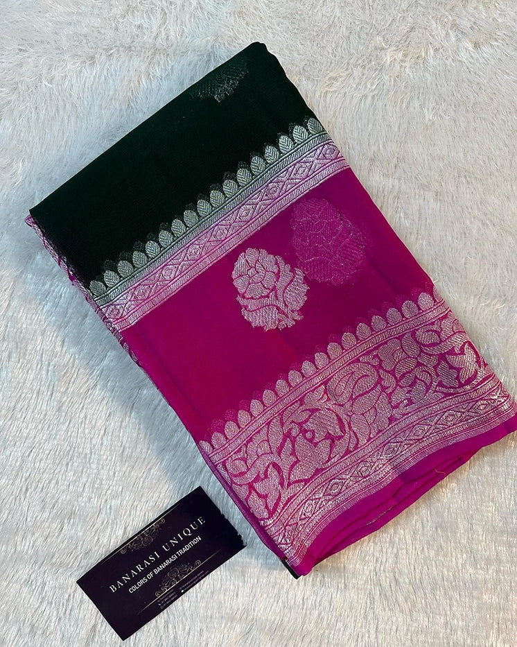 KHADDI CHIFFON DOUBLE BORDER SAREE - BOTTLE GREEN WITH RANI