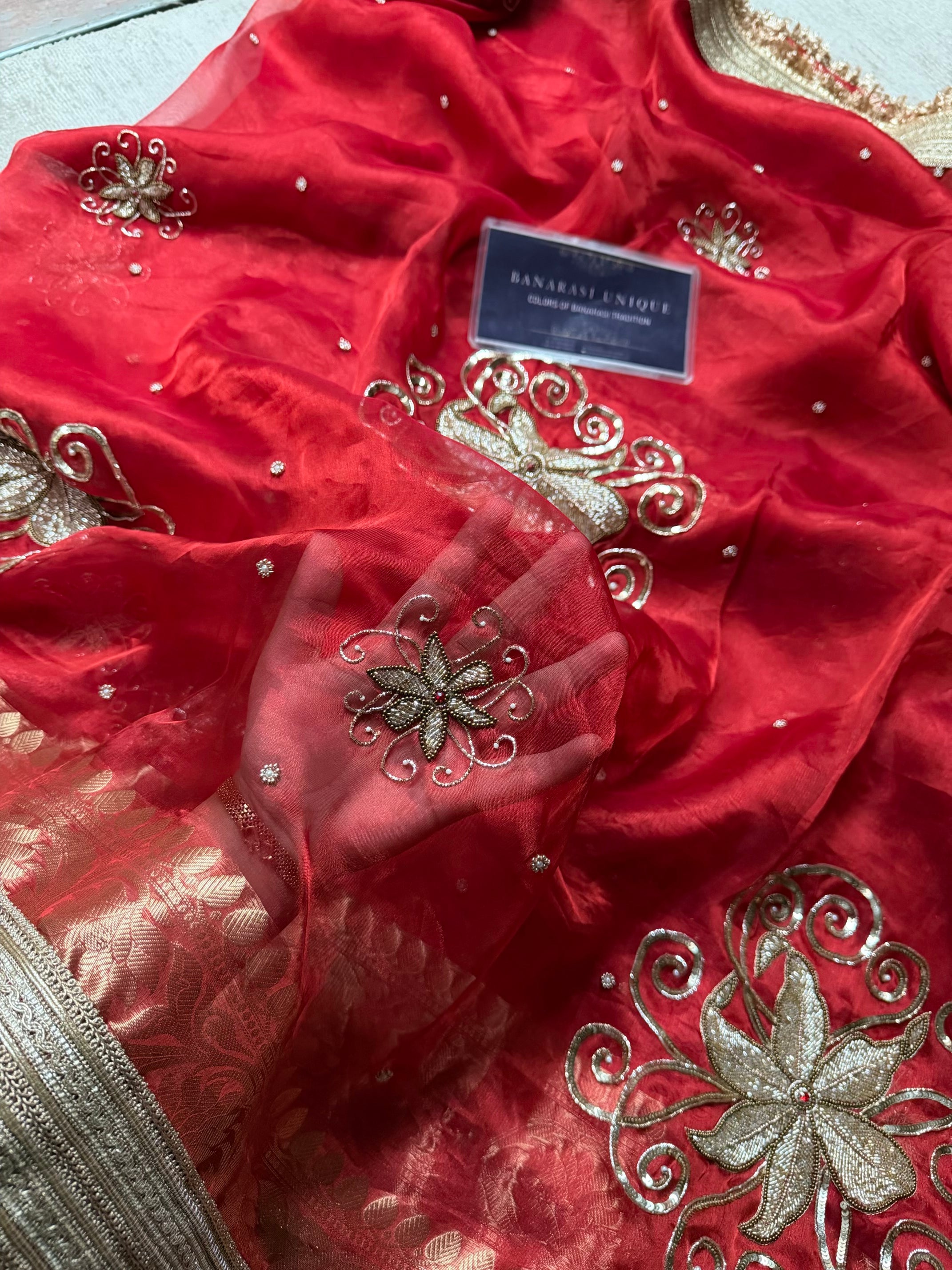 Teej Special Pure Tissue Silk Banarasi Saree – Red Hand Embroidered Luxury Saree