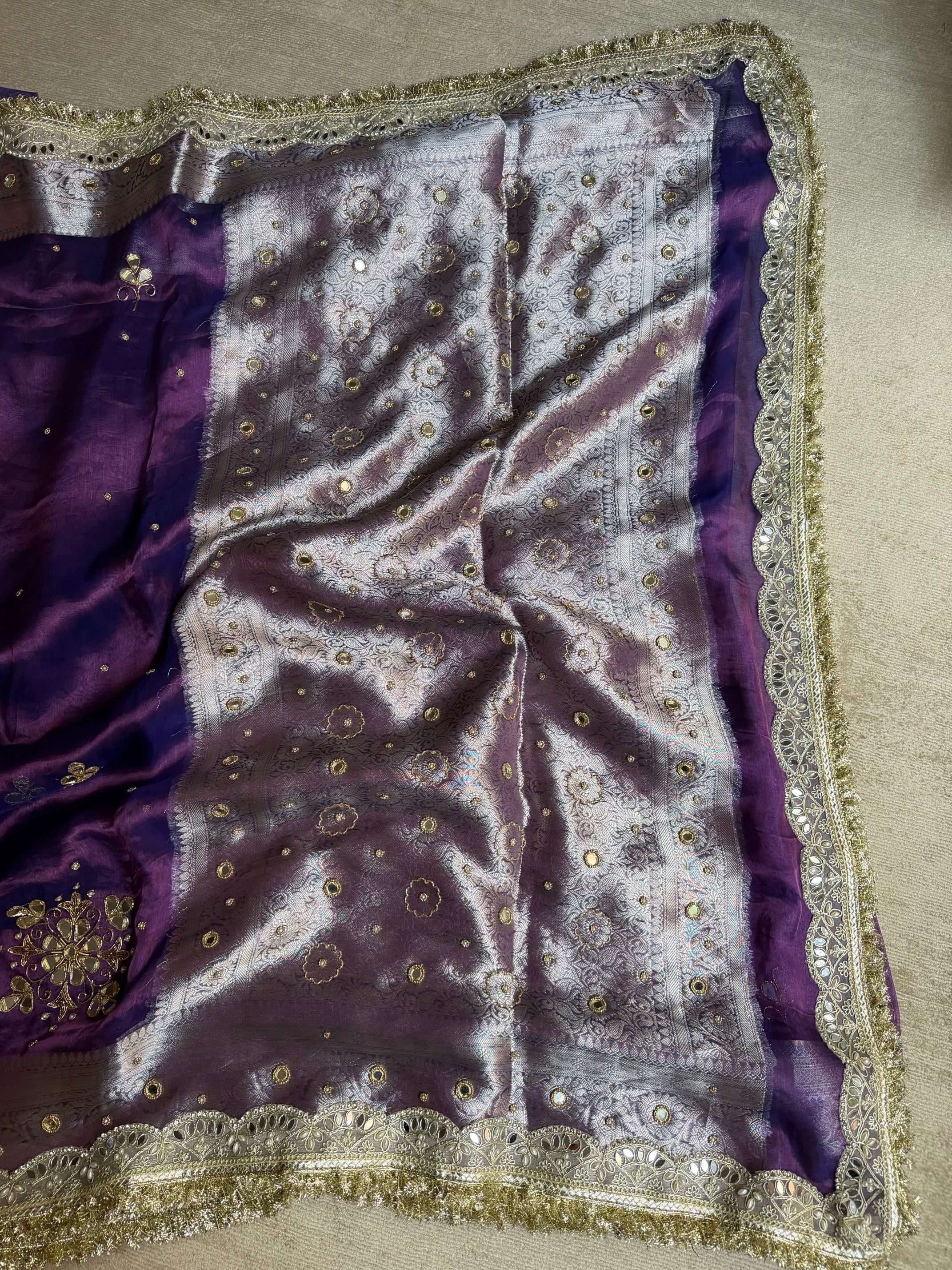 PURE TISSUE SILK FLORAL MIRROR BUTA SAREE - PURPLE