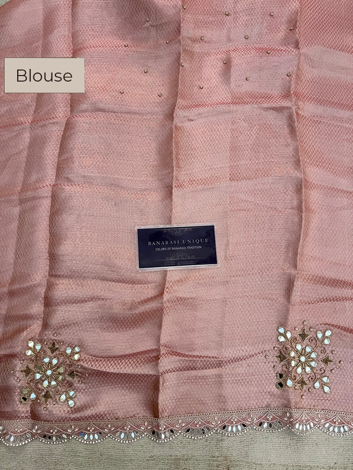 PURE TISSUE SILK MIRROR FLORAL BUTA AND JAAL SAREE - BABY PINK