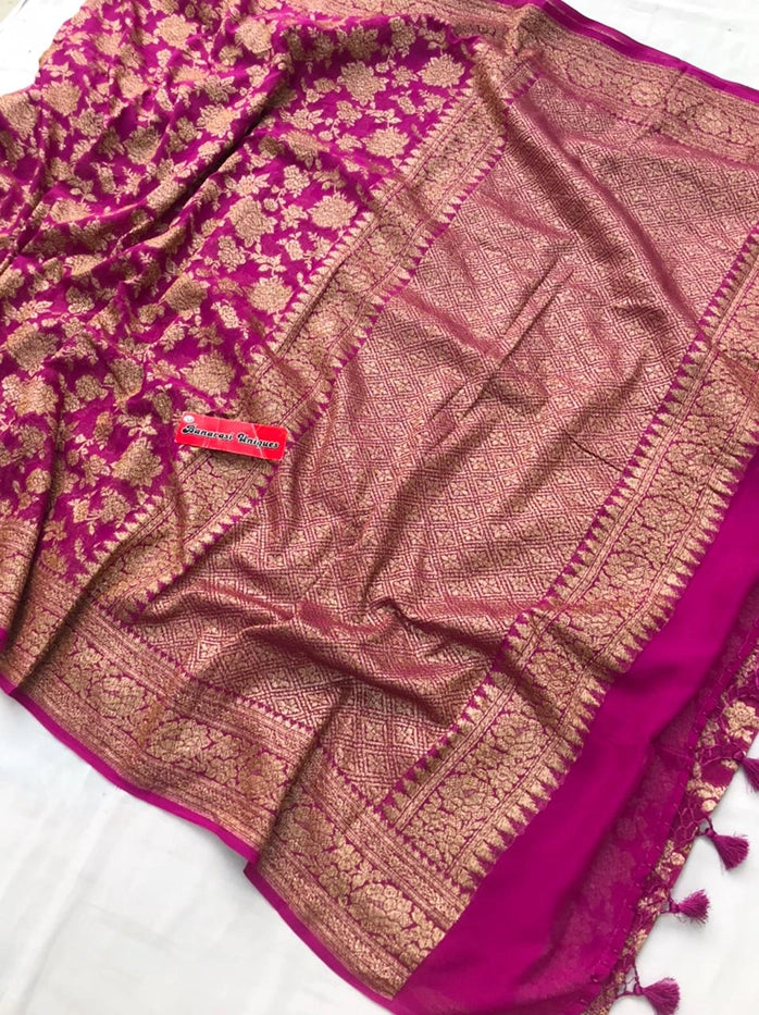 KHADDI GEORGETTE GULAABO ANTIQUE ZARI SAREE - MAGENTA