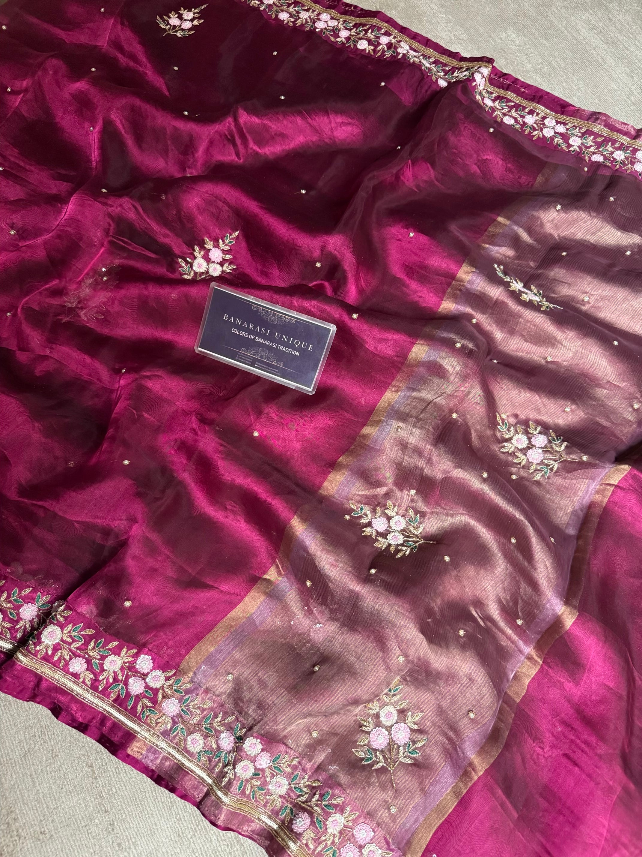 Pure Tissue Silk Satin Border Banarasi Saree Zardozi Hand Embroidery – Majenta