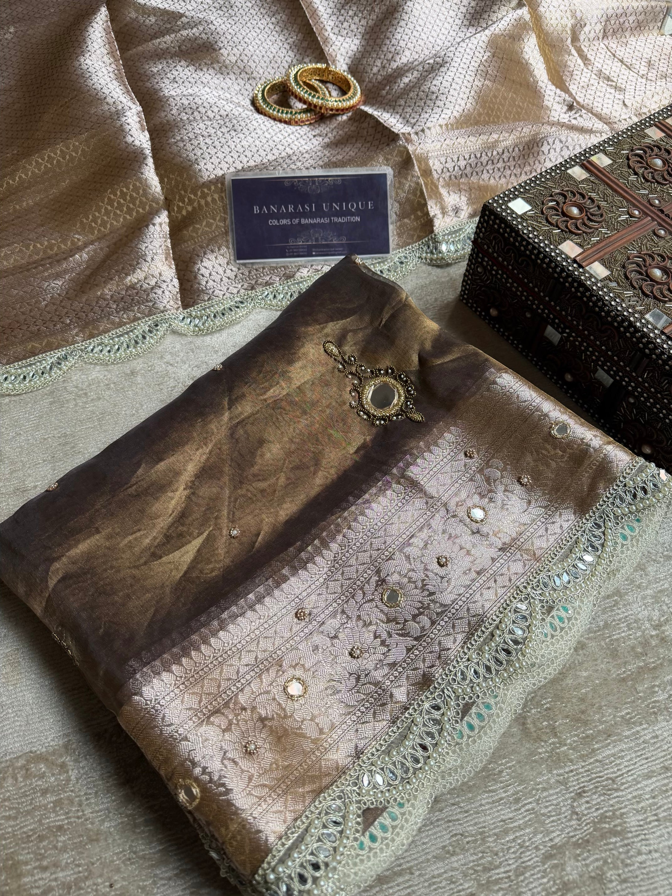 Aaina-e-Noor – Pure Tissue Silk Saree | Vintage Mirror Work | Luxury Handcrafted Banarasi Saree Copper