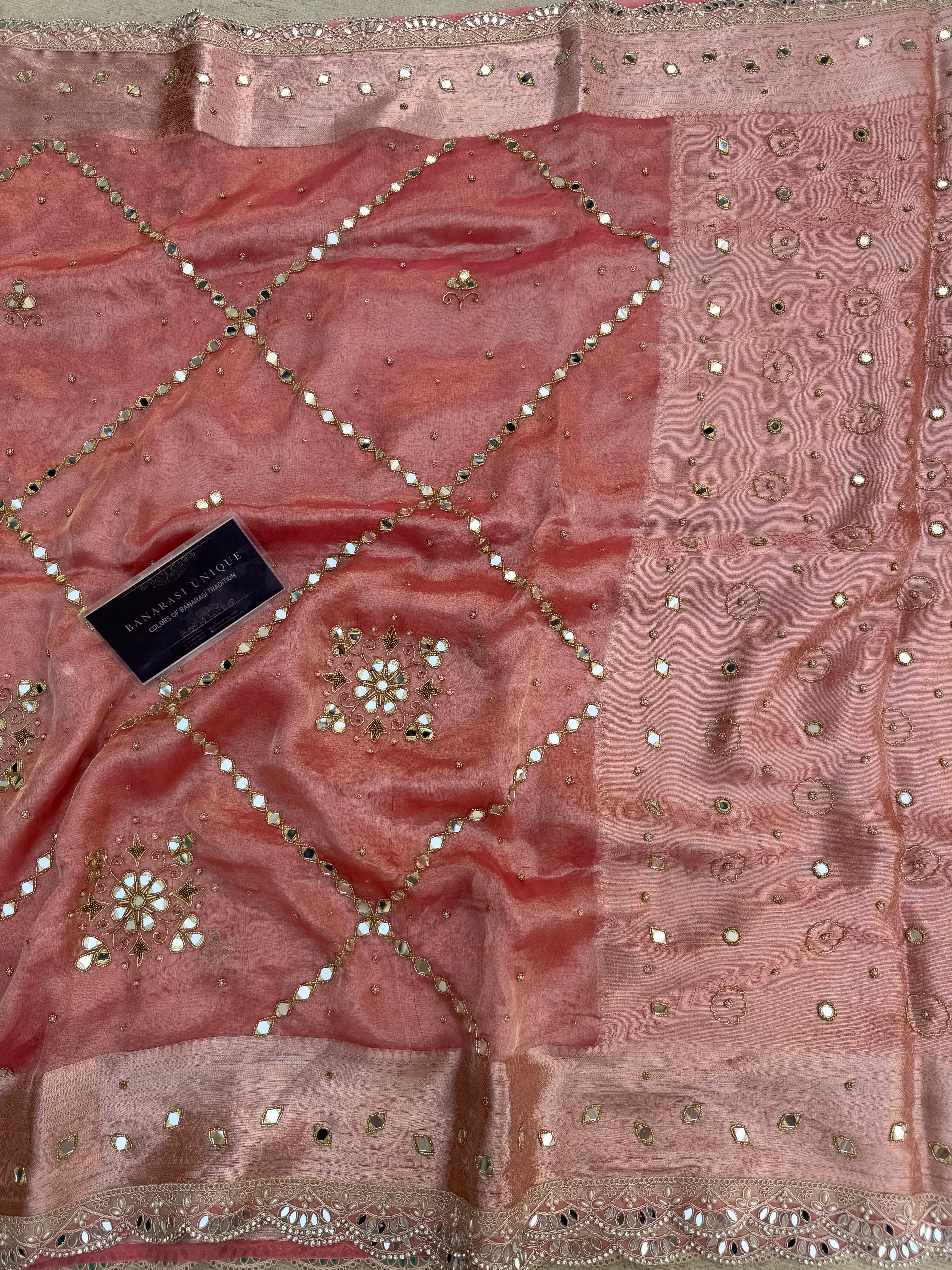 PURE TISSUE SILK MIRROR FLORAL BUTA AND JAAL SAREE - BABY PINK