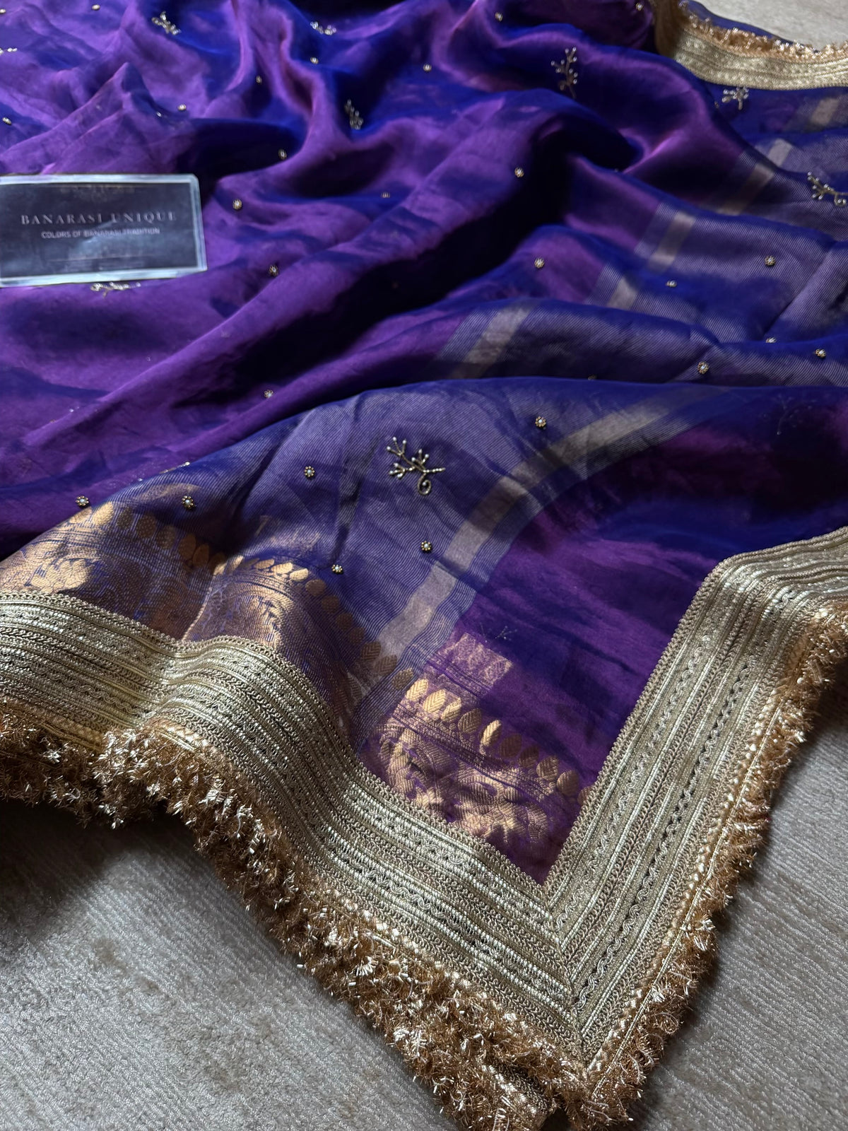 Hastakshara Pure Tissue Silk Hand Embroidered Banarasi Saree Purple