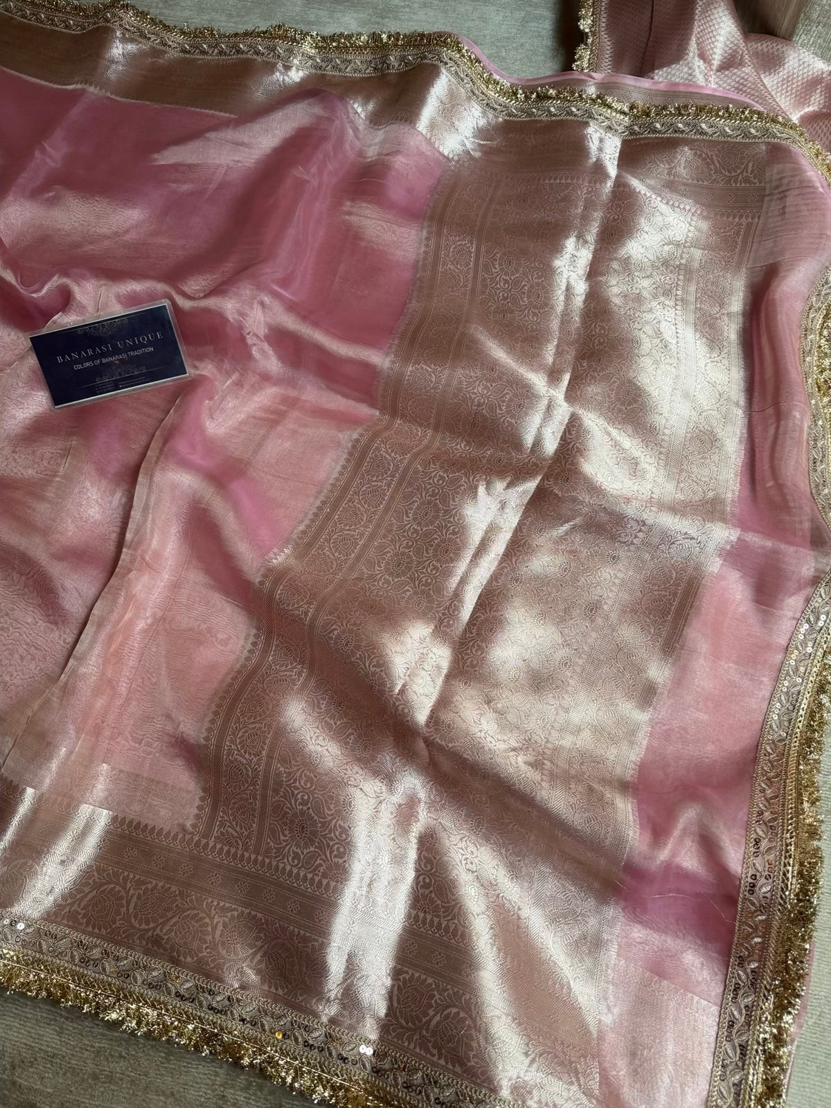 Blush Pink Pure Tissue Silk Saree with Zari Border – Janhvi Kapoor Inspired