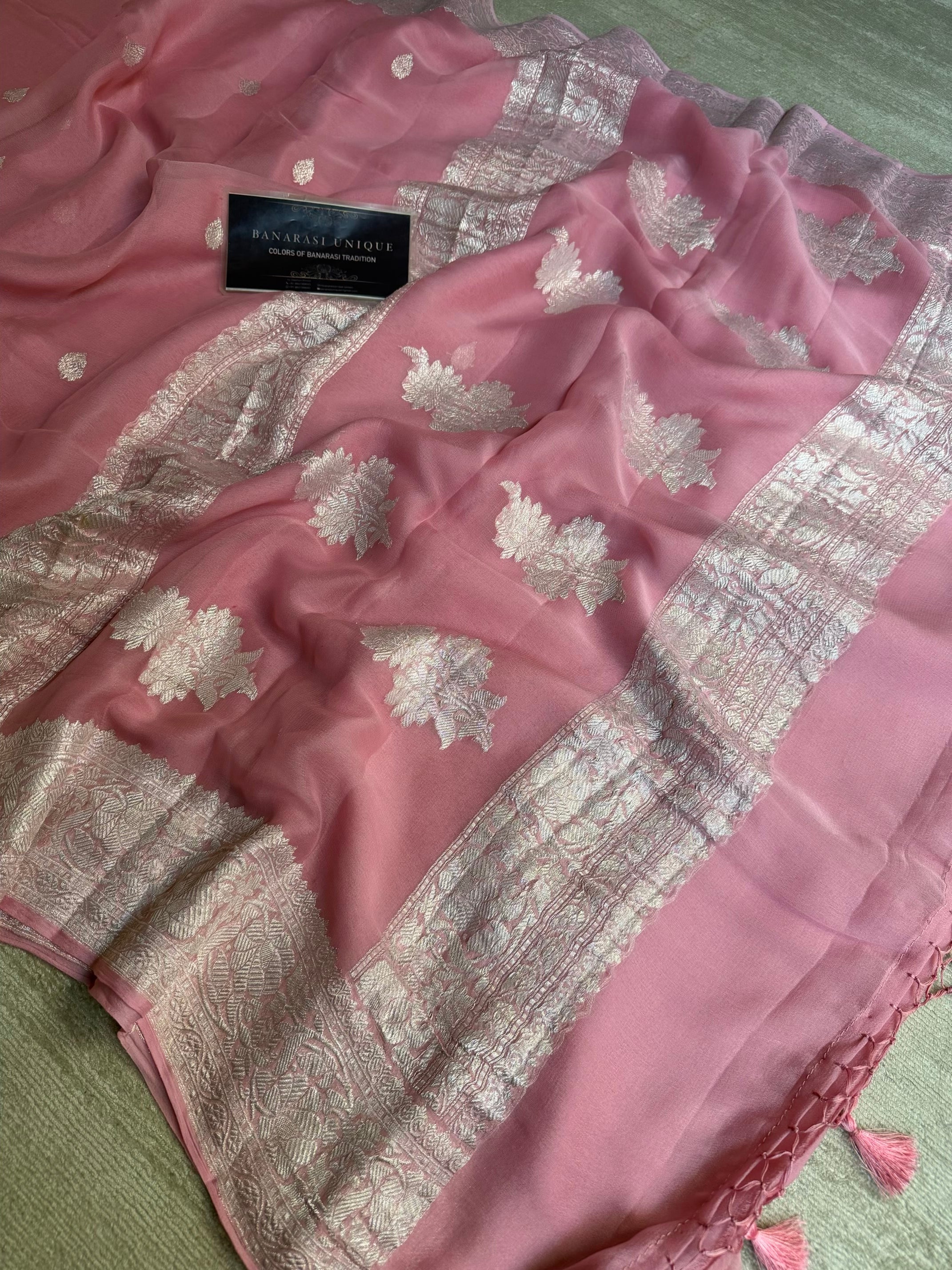 DUSTY PINK  KHADDI CHIFFON SILVER ZARI HANDWOVEN BANARASI SAREE