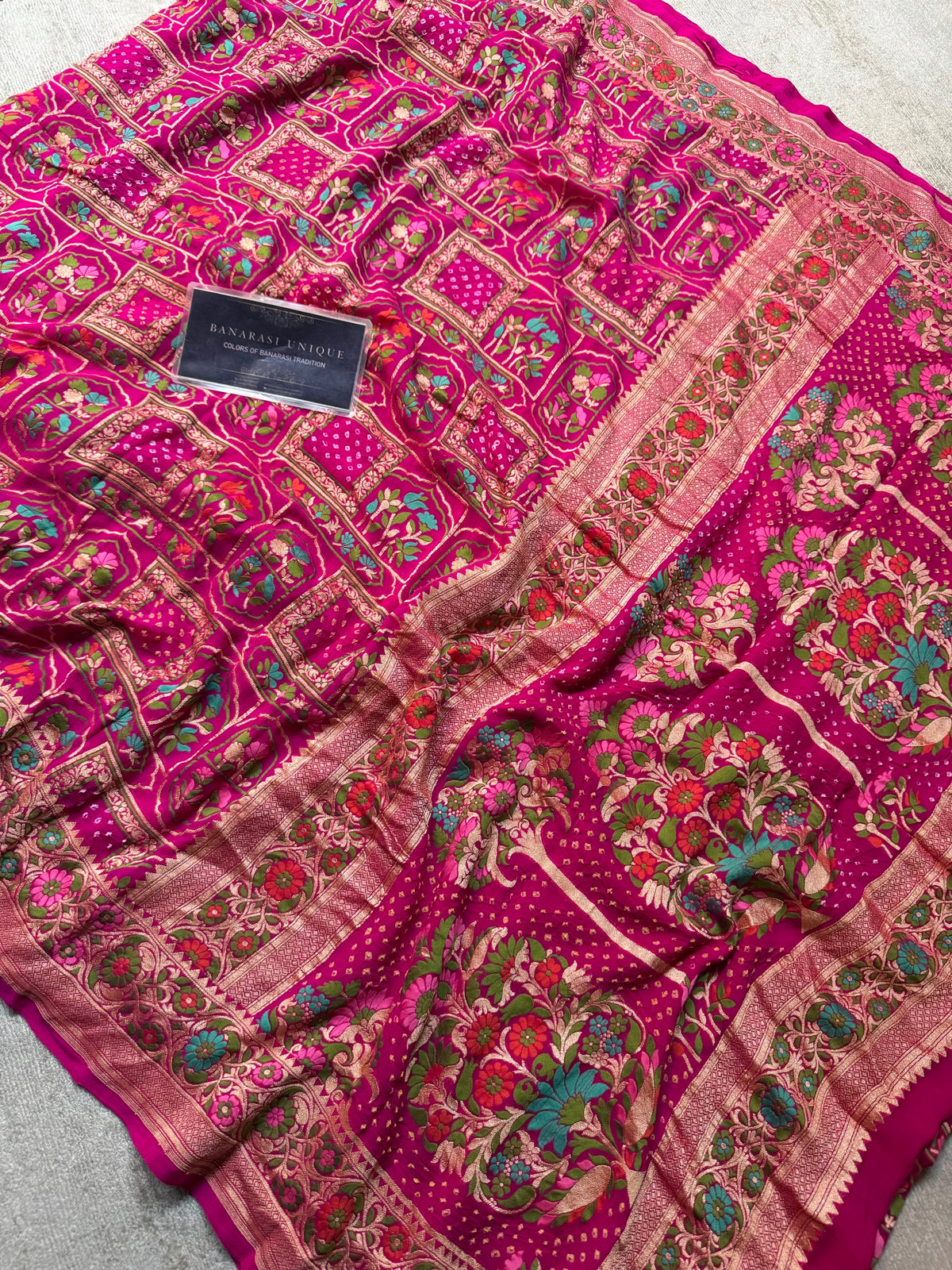 Rani Pink Pure Khaddi Georgette Banarasi Bandhej Saree | Meenakari Meharab Design | Handwoven Luxury Silk Saree