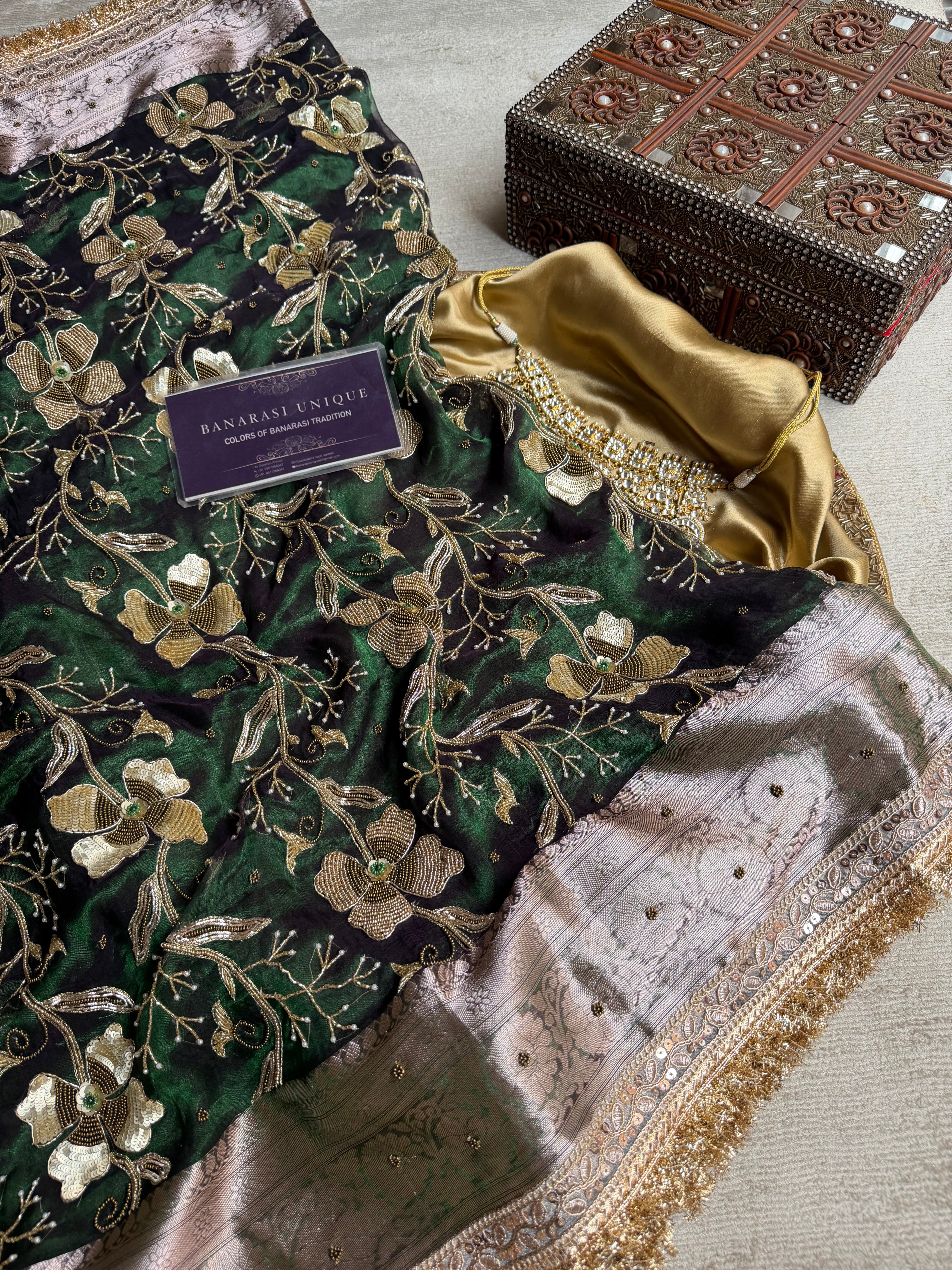 Emerald Blossom – Hand Embroidered Pure Tissue Silk Banarasi Saree