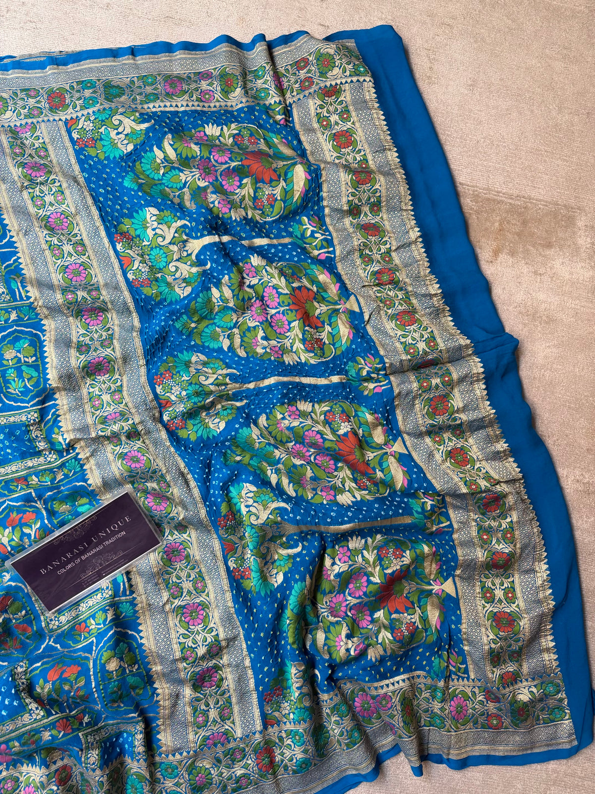 Rama Pure Khaddi Georgette Banarasi Bandhej Saree | Meenakari Meharab Design | Handwoven Luxury Silk Saree