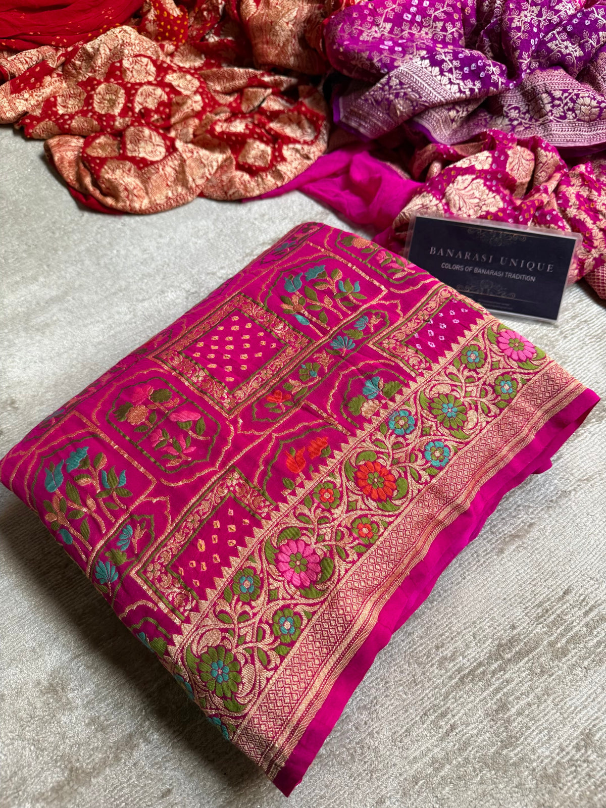 Rani Pink Pure Khaddi Georgette Banarasi Bandhej Saree | Meenakari Meharab Design | Handwoven Luxury Silk Saree