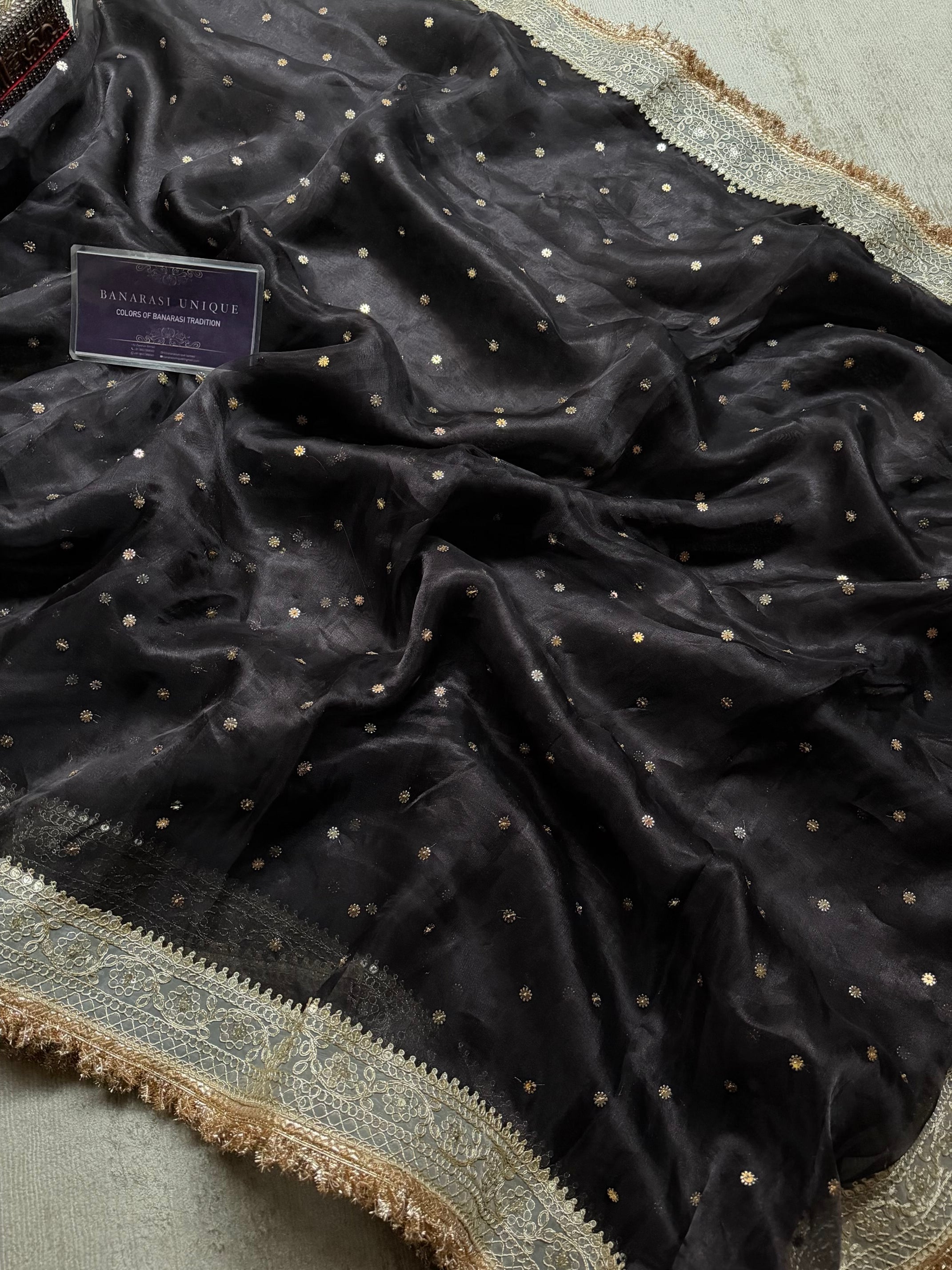 Black Banarasi Pure Tissue Silk Saree | Gotta Patti Embroidered Golden Booti Work | Luxury Wedding & Festive Wear