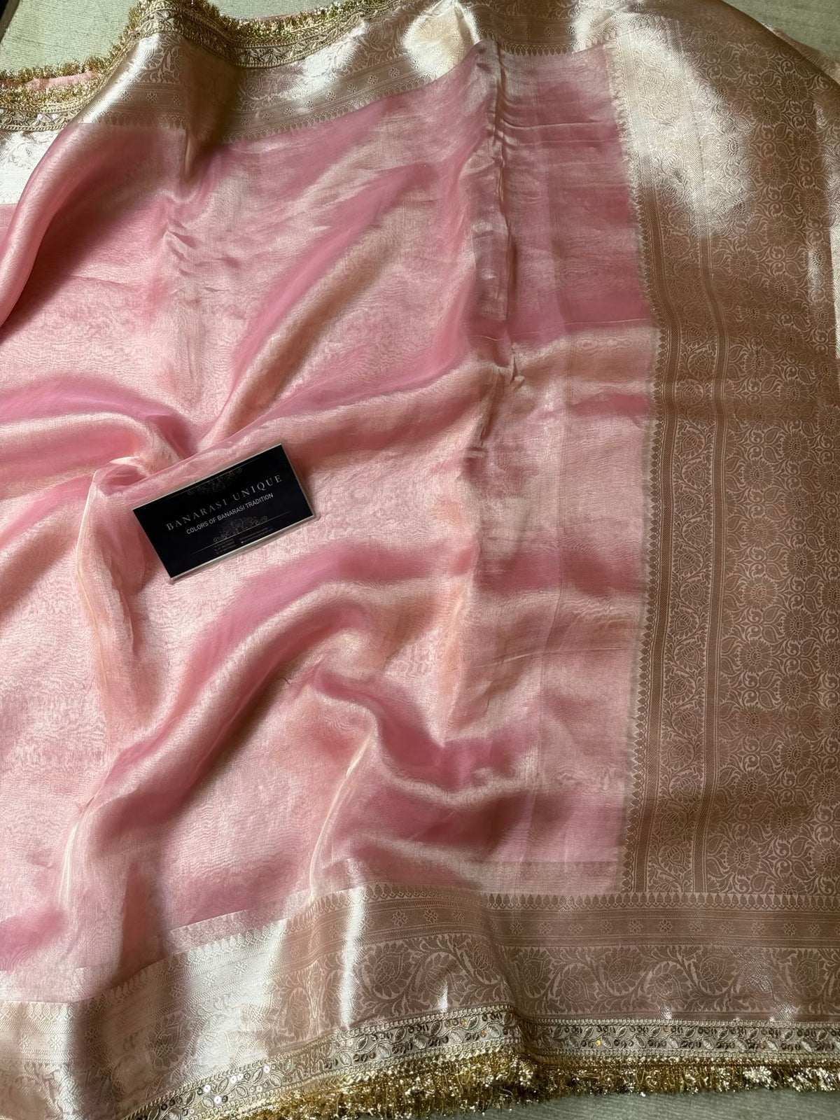 Blush Pink Pure Tissue Silk Saree with Zari Border – Janhvi Kapoor Inspired
